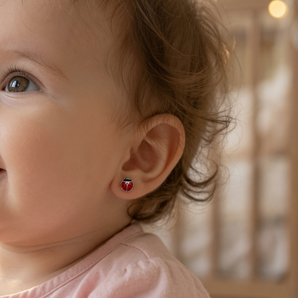 Brinco baby joaninha em prata legítima 925 ideal para crianças.