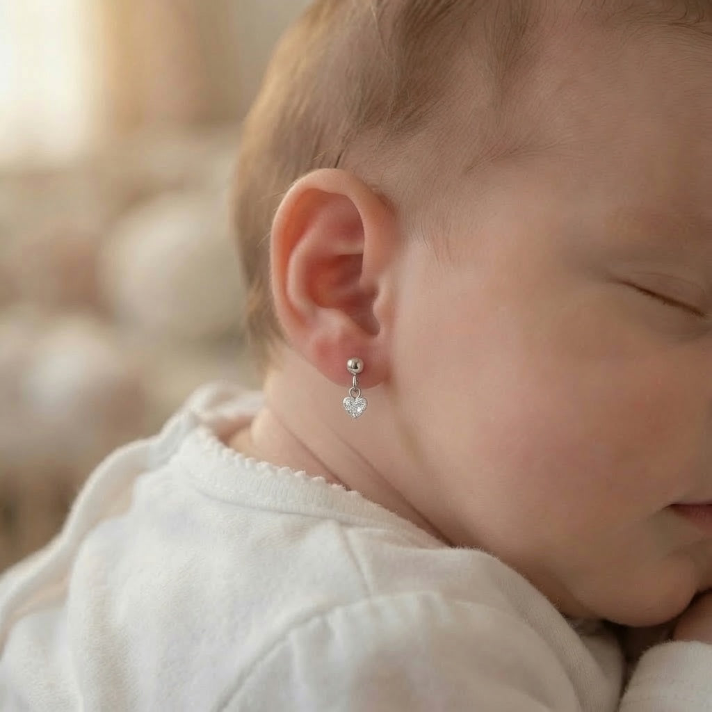 Detalhes do brinco infantil em prata 925 com pedra de zircônia em formato de coração.