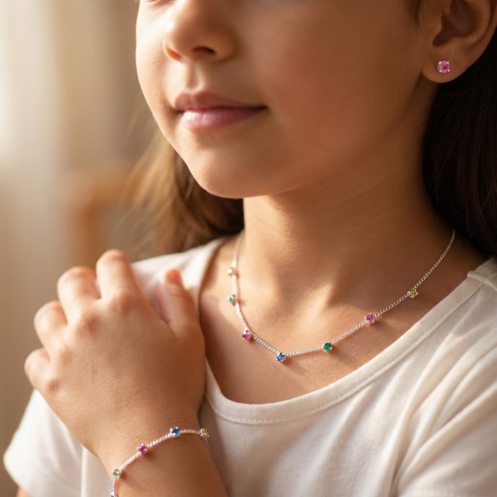 Detalhe do colar infantil com corrente veneziana e pontos de luz em zircônia, ajustável com extensor de 5 cm.