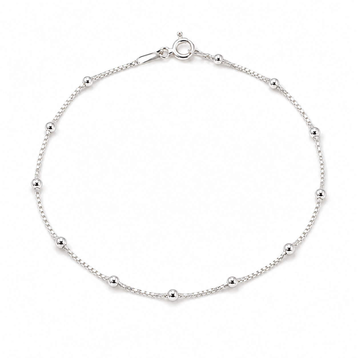 Pulseira infantil em prata 925 legítima com bolinhas delicadas e comprimento de 15 cm.