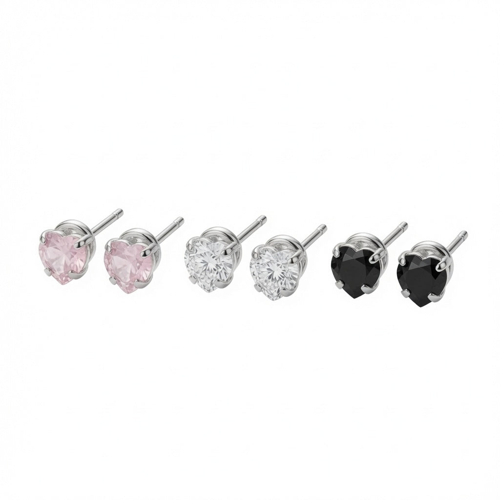 Trio de brincos coração em prata 925 legítima ideal para crianças, com pedras de zircônia e excelente acabamento.