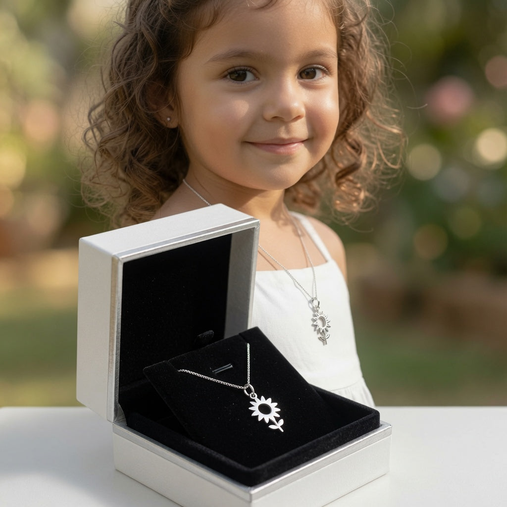Colar feminino de flor de girassol em prata legítima sendo usado no pescoço, mostrando seu caimento delicado e sofisticado.