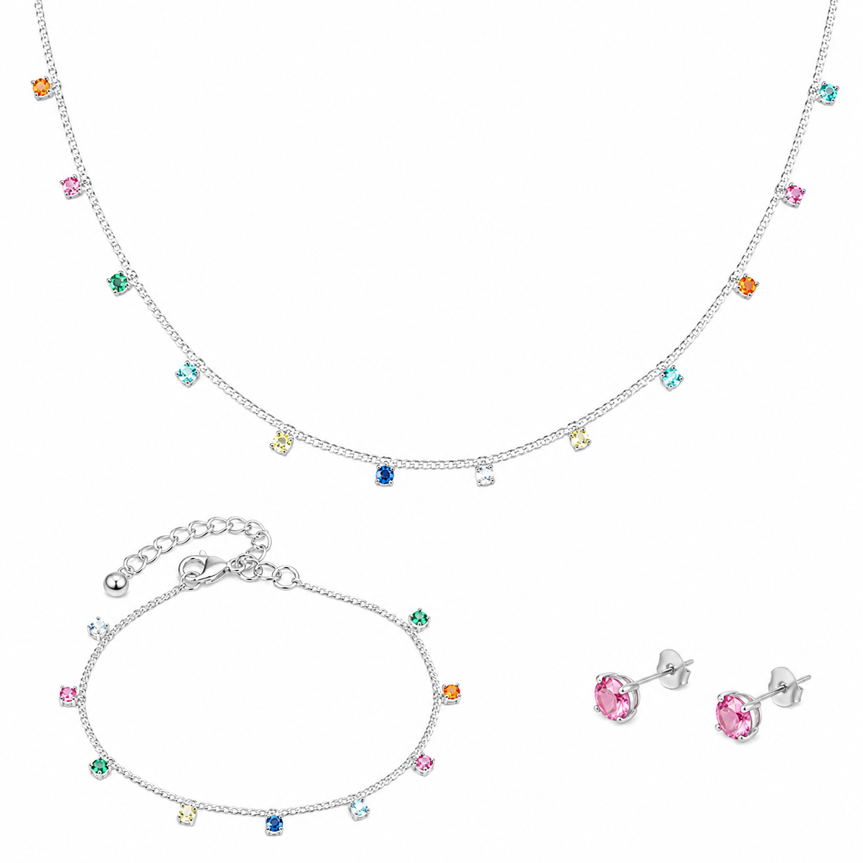 Conjunto infantil completo em Prata 925 folheada, contendo colar, pulseira e par de brincos delicados com pedras de zircônia.