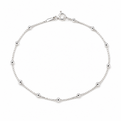 Pulseira infantil em prata 925 legítima com bolinhas delicadas e comprimento de 15 cm.