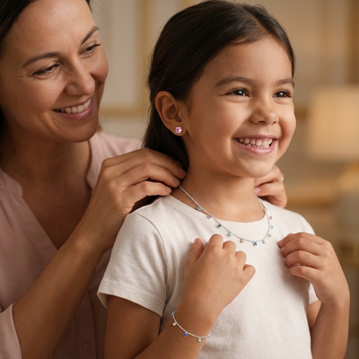 Pulseira infanto-juvenil delicada em prata 925 com pedrinhas de zircônia e fecho ajustável para maior conforto.
